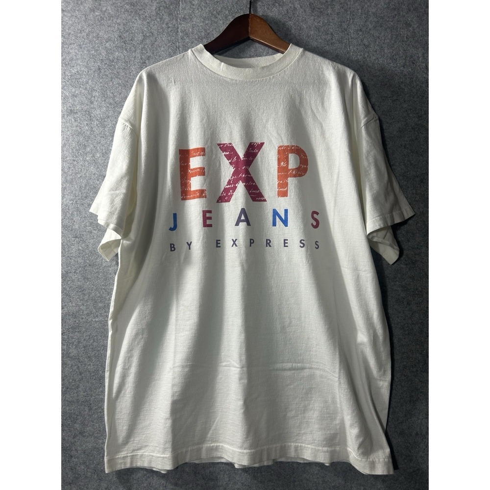 Vintage 90s Express EXP Jeans Graphic T-Shirt White Made in USA Men's XL 90210
